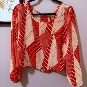 Red and White Geometric Women's Top